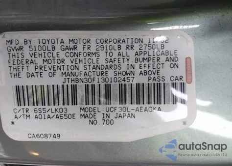 2003 Lexus Ls 430 z USA, uszkodzony, nr VIN JTHBN30F130102457